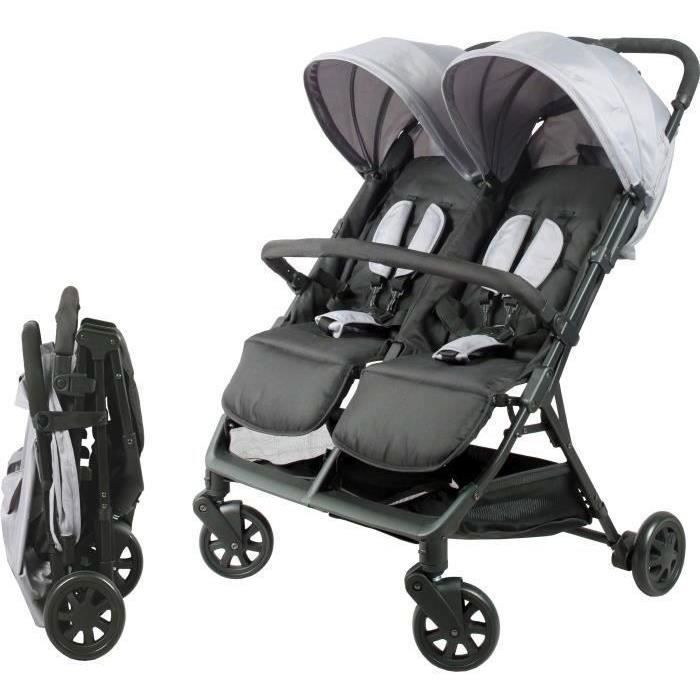 Bambisol - DS209 GRIGIO NERO - Passeggino doppio affiancato § Per gemelli dalla nascita, chiusura ultracompatta § Nero Grigio