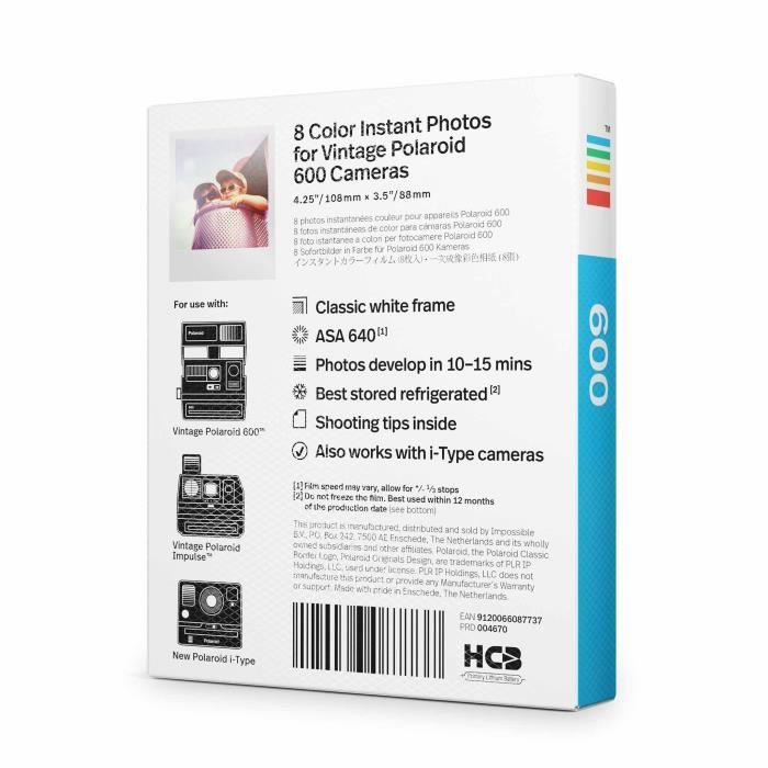 Polaroid - Double pack de films instantanés couleur 600 - 16 films - ASA 640 - Développement 10 mn - Cadre blanc