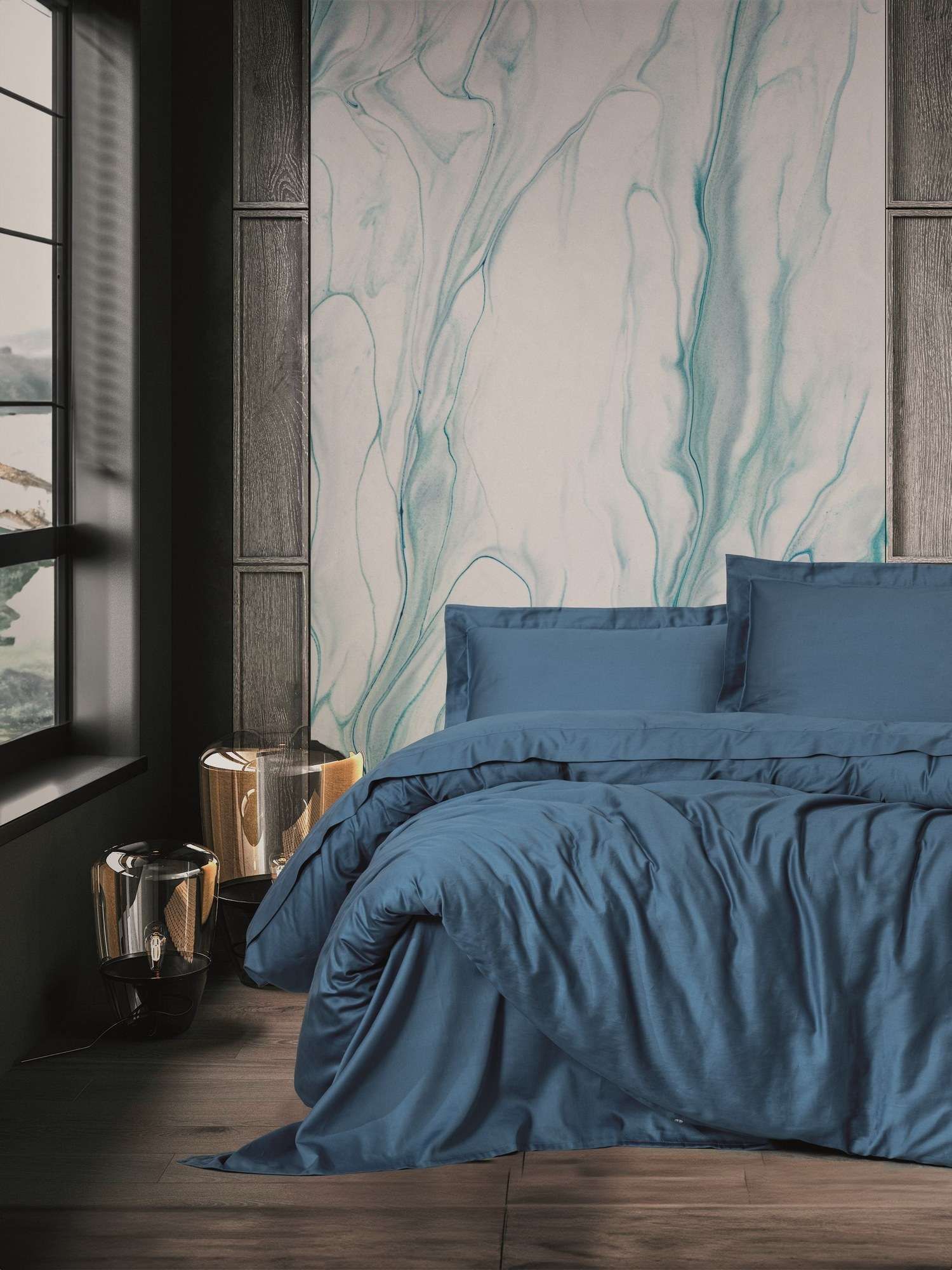 Parure de lit satin bleu - Housse de couette 140x200cm et taies 60x60cm