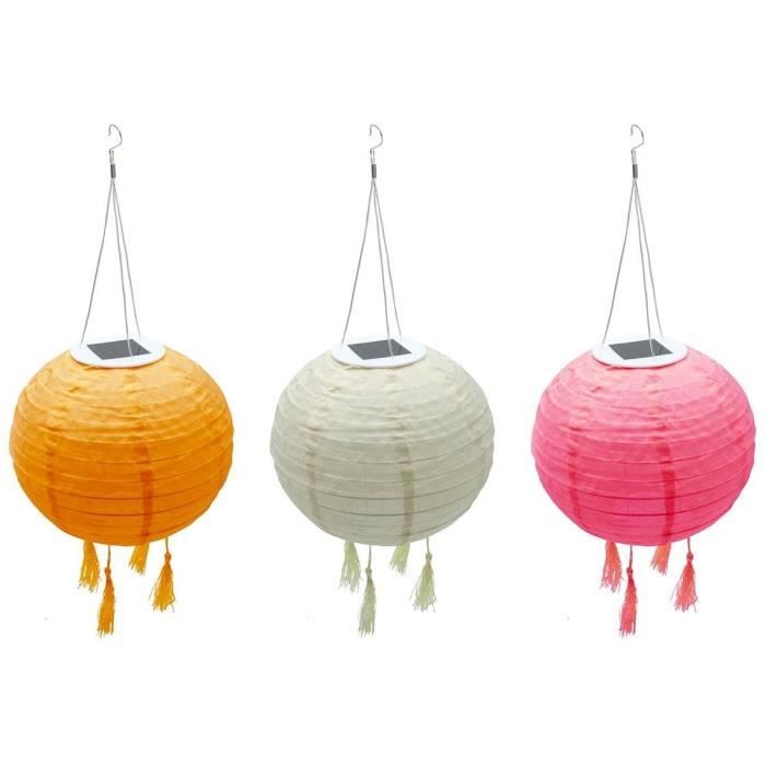 Lot de 3 lampions solaires - LUMISKY - SHANGRI LA - H20 cm - Rose, creme et orange - LED blanc chaud