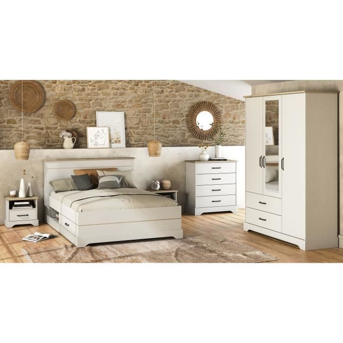Lit adulte COTTAGE 140x190/200 cm - Mélamine blanc et décor chene Kronberg - 2 Tiroirs- L 153,40 x P 214,70 x H 102,20 cm - DEMEYERE