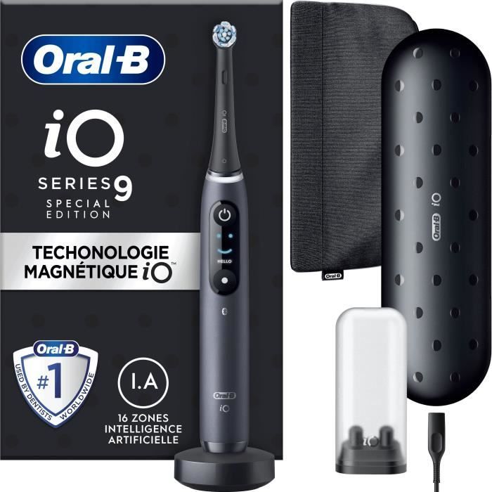 Brosse a Dents Électrique Oral-B iO 9 - Noire - connectée Bluetooth, 1 Brossette, 1 Étui De Voyage Chargeur, 1 Pochette Magnétique