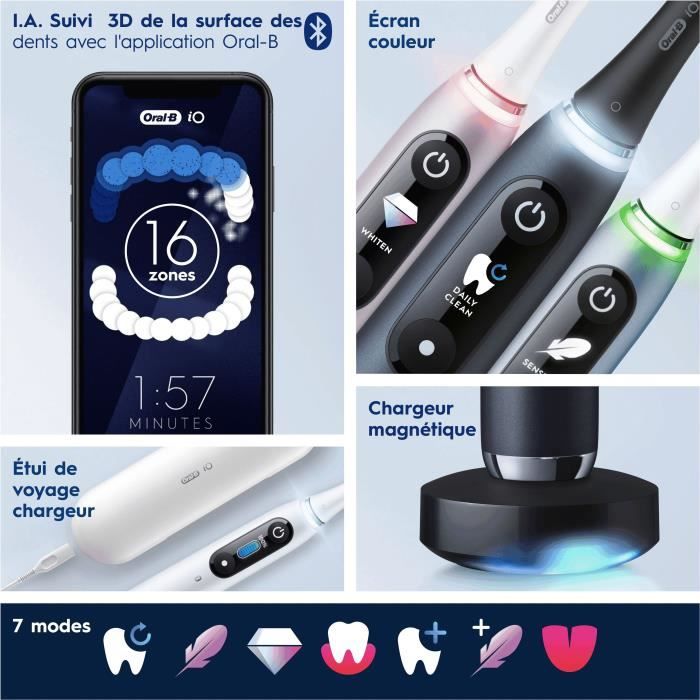 Brosse a Dents Électrique Oral-B iO 9 - Noire - connectée Bluetooth, 1 Brossette, 1 Étui De Voyage Chargeur, 1 Pochette Magnétique