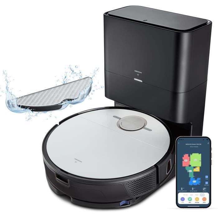 MEDION X50 SW - Robot Vacuum Cleaner with Drain Station - Laser Navigation - Power 8000 Pa - NO GO & GO Zones
