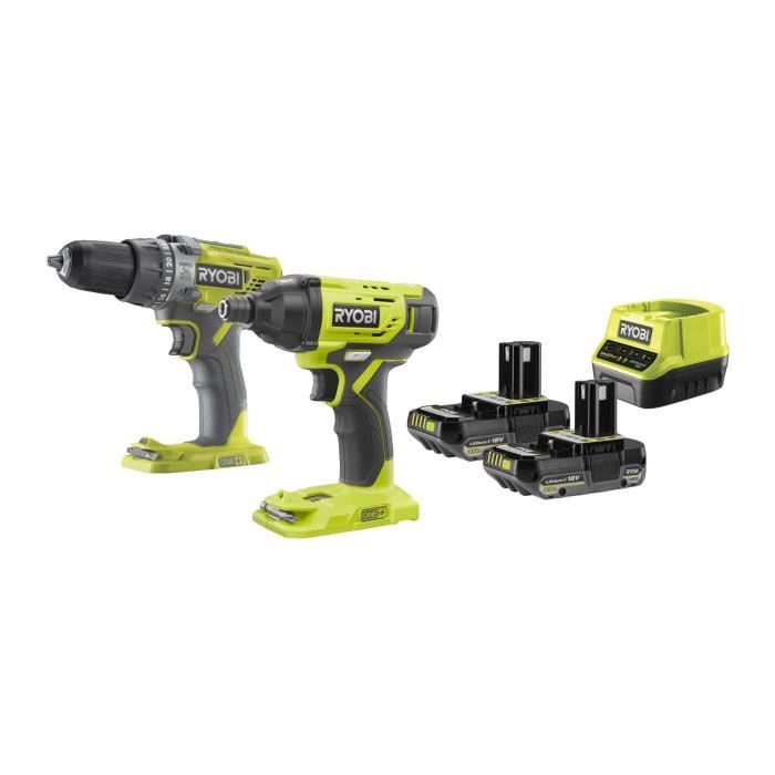 Pack 2 outils - RYOBI - Perceuse-visseuse à percussion 2 vitesses + 1 visseuse à chocs - 2 batteries - Chargeur