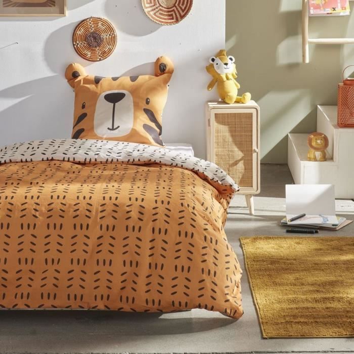Ensemble parure de lit enfant + coffre de rangement pouf pliable - TODAY - JUNGLE - 140 x 200 cm - Coton