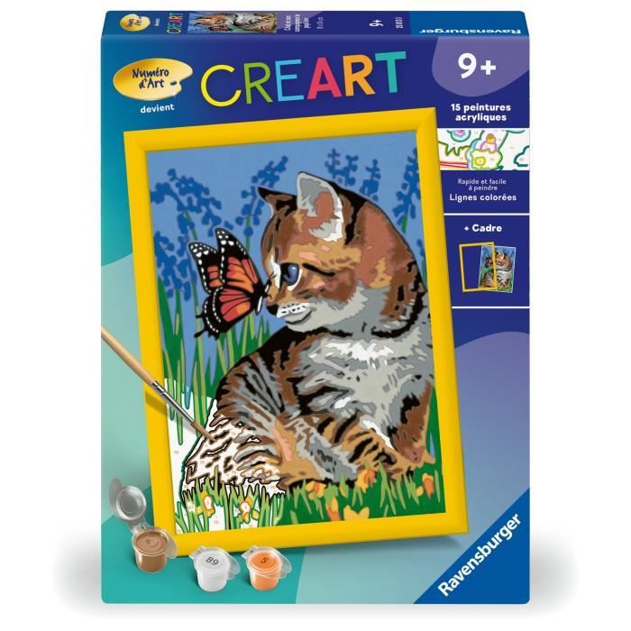 CreArt Kids 18x24cm Gato y su compañera la mariposa, Kit de pintura por números, Art Number, Edades 9, 25813, Ravensburger
