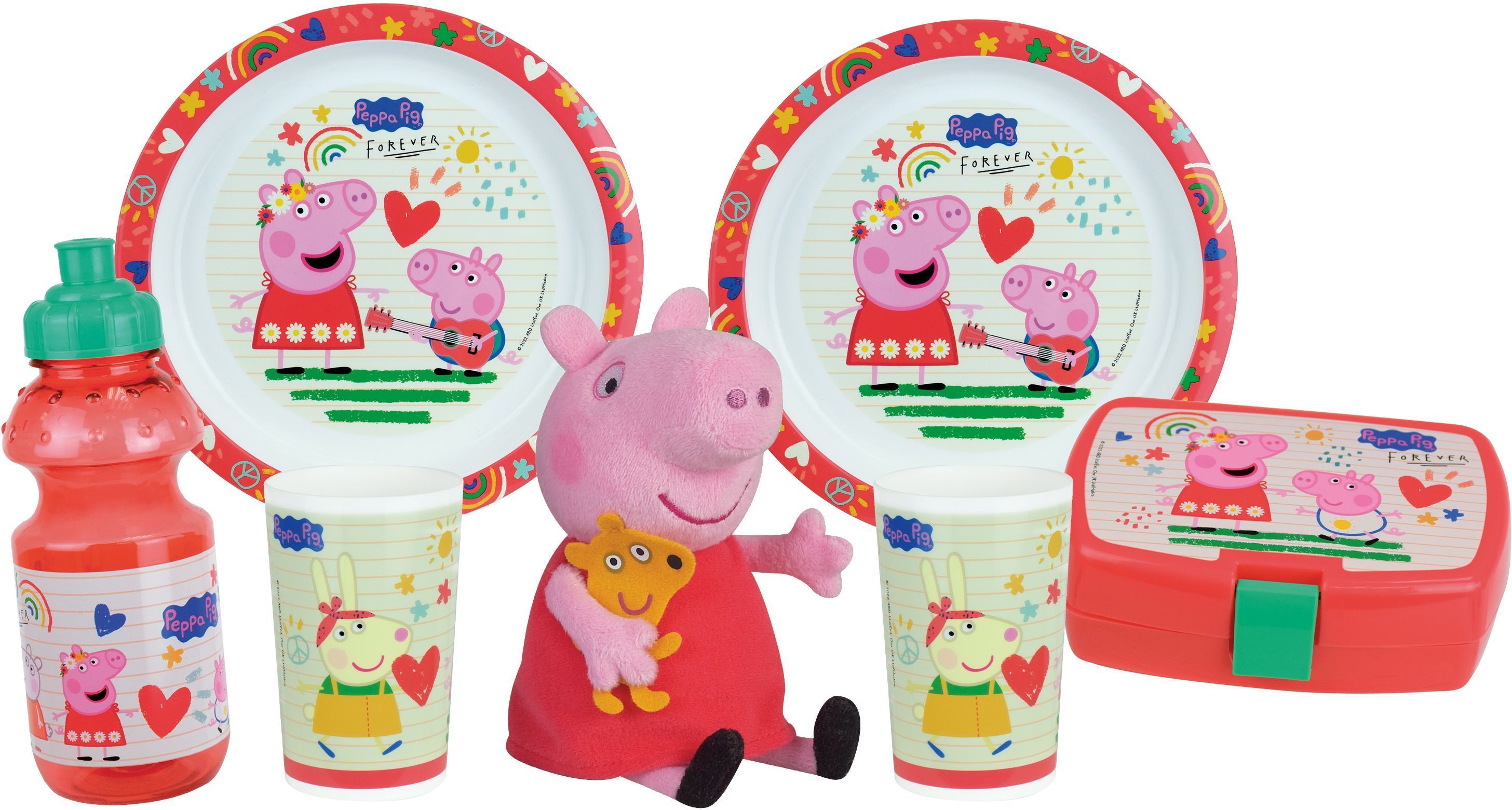 Lot vaisselle - FUN HOUSE - PEPPA PIG - 2 assiettes creuses Ø 22 cm, 2 verres 220 ml, gourde 350 ml, boîte a goûter et peluche 1