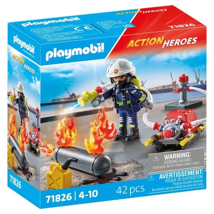 PLAYMOBIL 71826 Pompier pompe a eau & réservoir enflammé