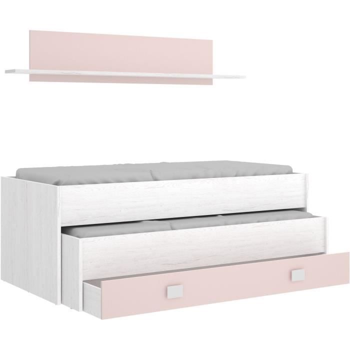 Lit gigogne enfant avec tiroir de rangement + 1 ?tagere - Chene blanc/rose - 2x90x190 cm - OCEAN