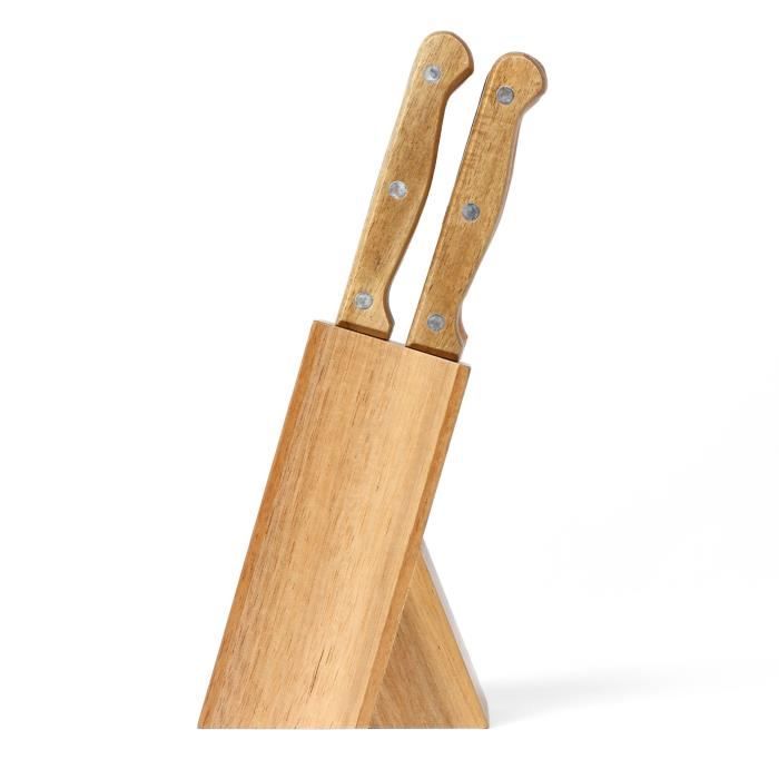 Juego de 6 cuchillos para carne con soporte - LIVOO - MEC133 - 11 cm - Acero inoxidable - Grosor 1,2 mm - Madera de acacia - 3 remaches