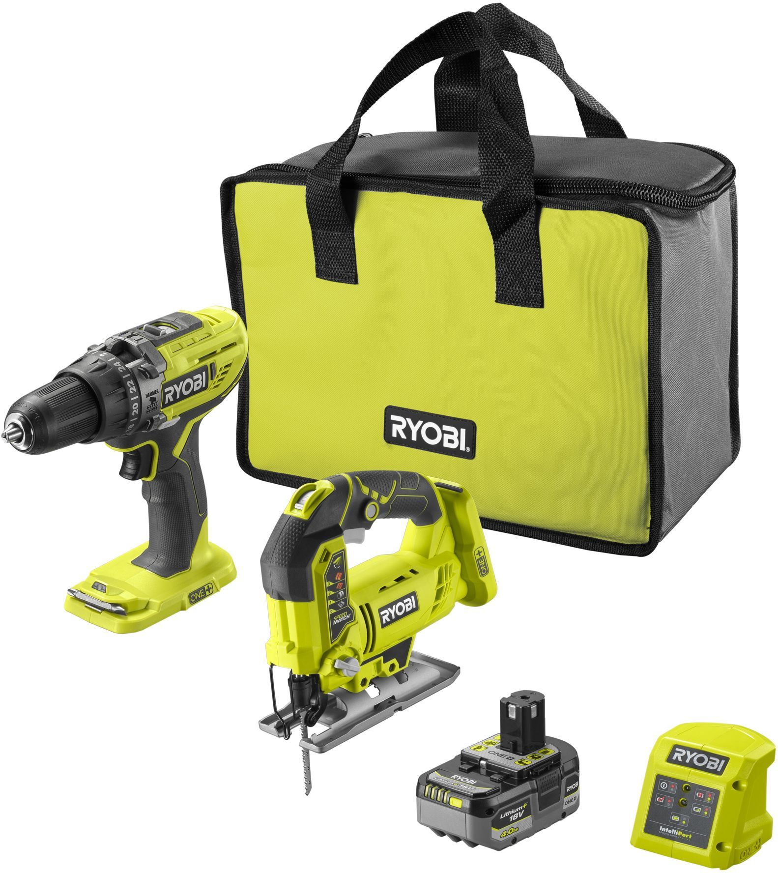 Pack 2 outils - RYOBI - 18V ONE+ - 1 perceuse-visseuse à percussion R18PD3 + 1 scie sauteuse R18JS - 1 batterie 18V 4,0 Ah charg