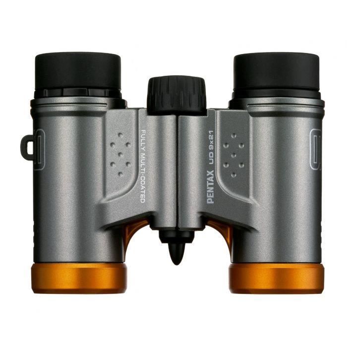 PENTAX 61814 - Jumelles UD 9x21 - Compactes et légeres - Mise au point minimale 3m - Lentilles a revetement multiple - Gris & orange
