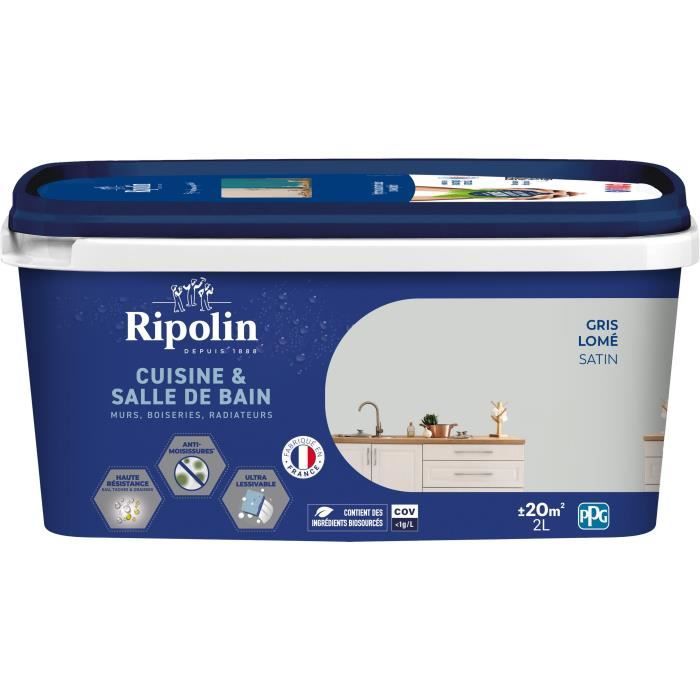 Paint for walls, woodwork, ceilings, radiators - RIPOLIN - Kitchen and bathroom - 2 L - Gris Lome