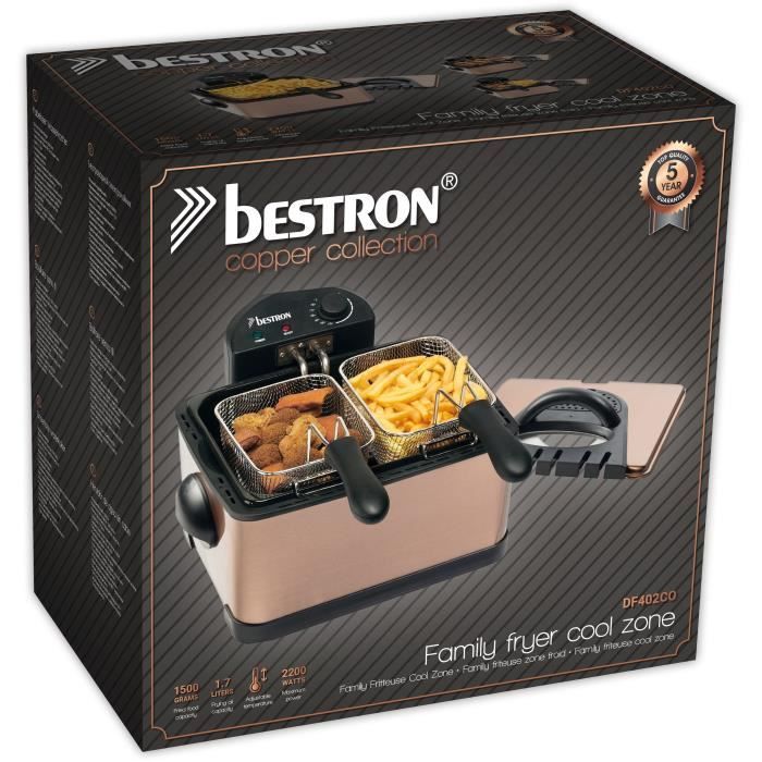 Bestron Friteuse a huile XL avec 3 paniers a friture, Inclut la technologie de la zone froide et réservoir d'huile amovible, Cuivre