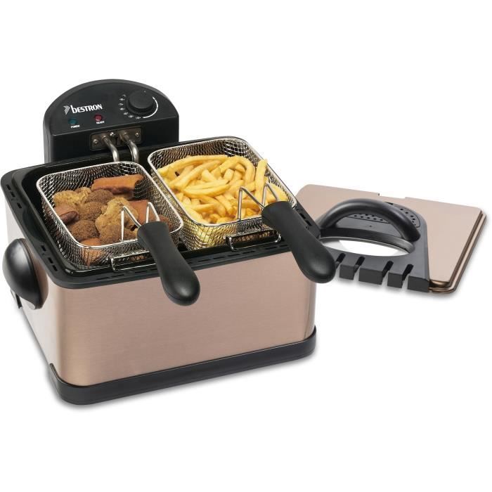 Bestron Friteuse a huile XL avec 3 paniers a friture, Inclut la technologie de la zone froide et réservoir d'huile amovible, Cuivre