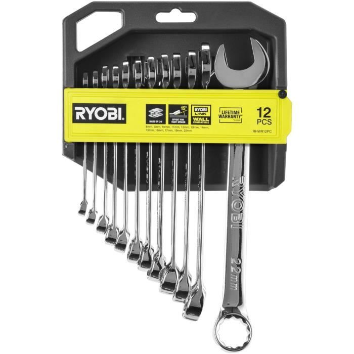 Juego de 12 llaves (8, 9, 10, 11, 12, 13, 14, 15, 16, 17, 19, 22 mm) - RYOBI - �ngulo de recuperaci�n de 15� - Compatible con Ryobi LINK
