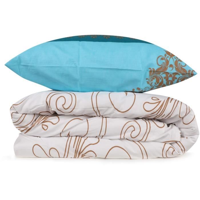 Image secondaire de Parure de lit - 1 housse de couette 220 x 240 cm + 2 taies d'oreiller 60 x 60 cm - 100% coton renforcé - Turquoise