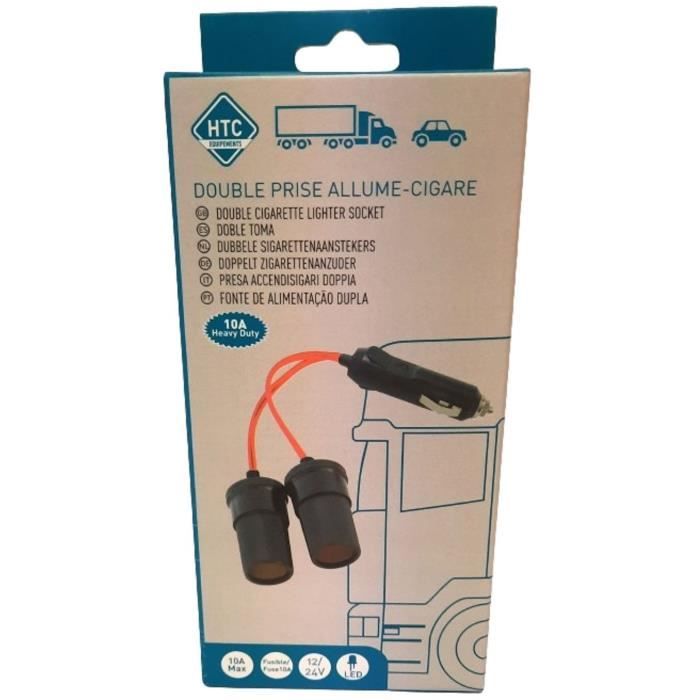 Image secondaire de Double prise allume-cigare 12/24V - HTC EQUIPEMENT - Avec led 10A et Cable rouge 20cm