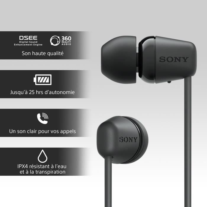 Écouteurs Bluetooth sans fil SONY WI-C100 - Autonomie jusqu'a 25 h -  Noir