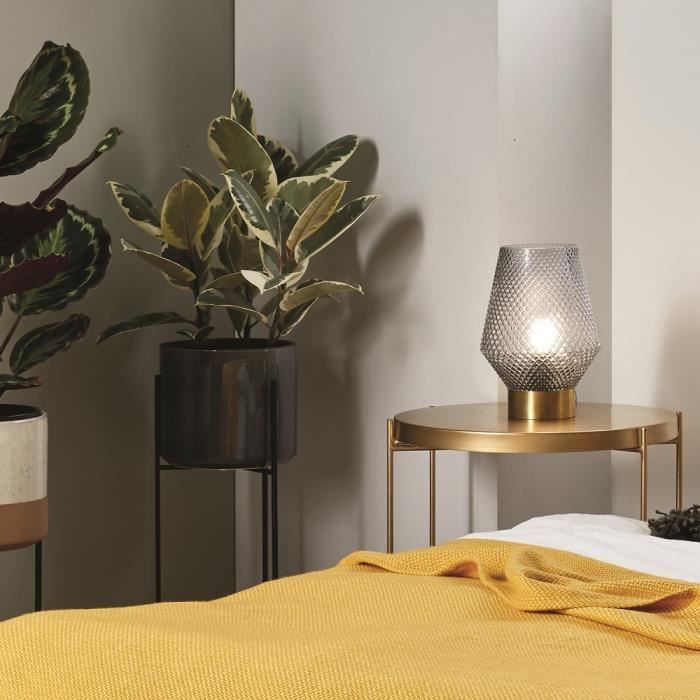 COREP Lampe base ronde - Métal - H 27,5 x Ø 20 cm - Laiton brossé et verre fumé
