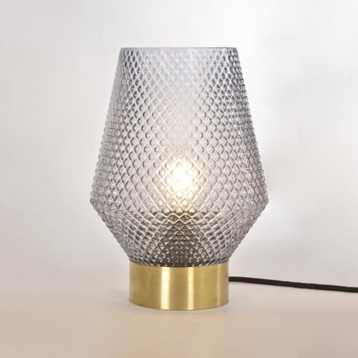 COREP Lampe base ronde - Métal - H 27,5 x Ø 20 cm - Laiton brossé et verre fumé
