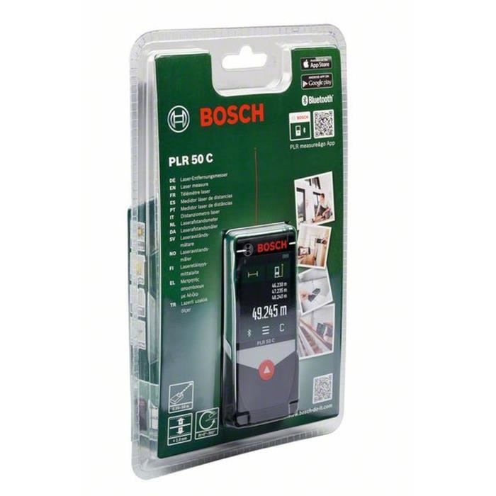 Télémetre laser numérique Bosch - PLR 50 C (Livré avec 3 batteries 1,5 V LR03, Dragonne, Housse de protection)