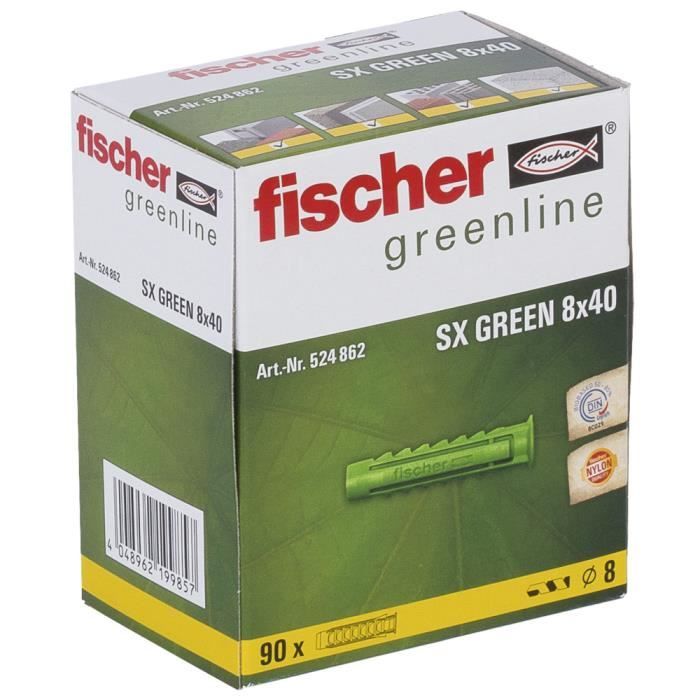 FISCHER - Cheville a quadruple expansion SX Green 8x40 mm - fabriquée a base de matieres premieres renouvelables - Boîte de 90