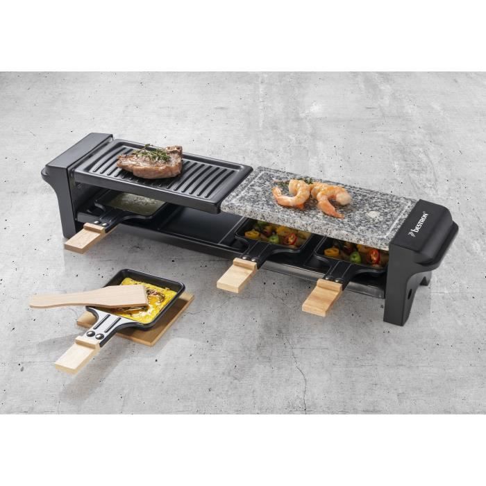 Bestron Appareil a raclette pour 4 personnes, barbecue de table électrique avec 4 poelons, 4 spatules en bois et 4 soucoupes, Noir