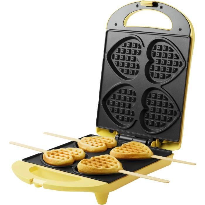 Bestron Gaufrier, Pour réaliser des gaufres en forme de coeur piquées sur des bâtonnets, Design rétro, 780 W, Couleur: Jaune