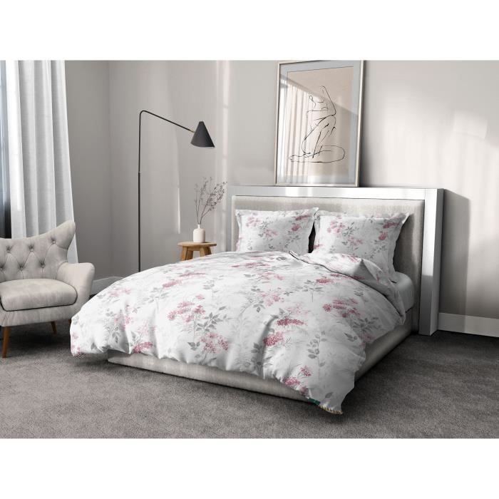 Parure de couette 240x260 cm HOME LINGE PASSION POMPADOUR : Housse de couette + 2 taies d'oreiller - 100% Coton 57 Fils - Blanc/