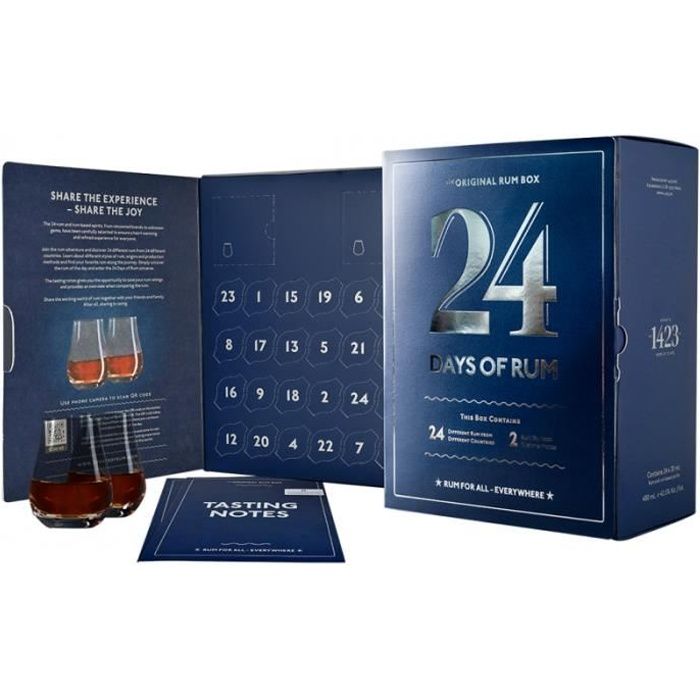 Coffret cadeau d�gustation Rhum - 24 Days of Rum - 24 rhums du monde - 24x2cl + 2 verres