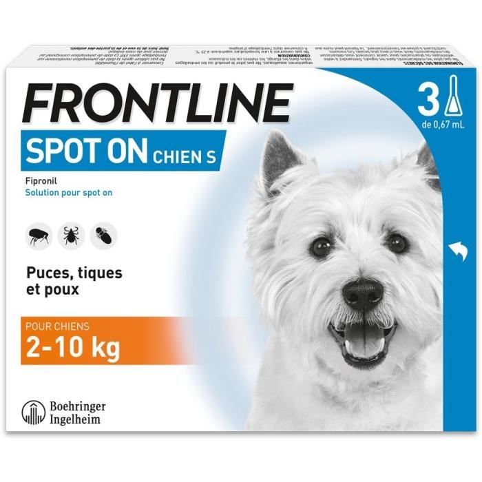 FRONTLINE 3 Pipettes antiparasitaires SPOT ON Chien - 2 a 10 kg - Puces, tiques, poux