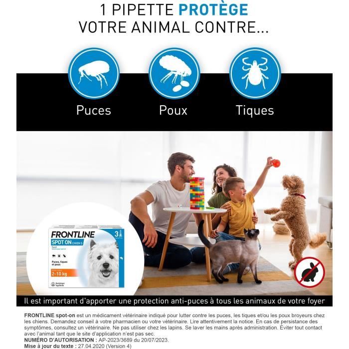 Image secondaire de FRONTLINE 3 Pipettes antiparasitaires SPOT ON Chien - 2 a 10 kg - Puces, tiques, poux