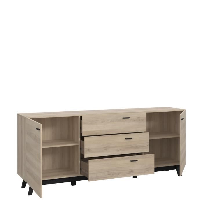 Buffet - Décor chene Comano - 2 portes 3 tiroirs - CAREA - L 199,5 x P 41,6 x H 82,4