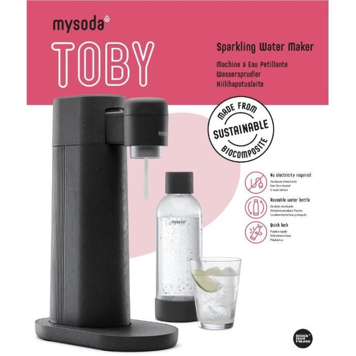 MYSODA Machine a Soda Toby Black, 1 bouteille de 0.5L, 1 bouteille de 1L, 1 cylindre de CO2