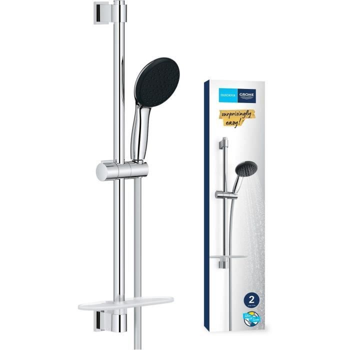 Shower set with 2 jets shower head, 60cm bar, flexible hose and shelf - GROHE Vitalio Start 110 26952001 - Water saving - Chrome