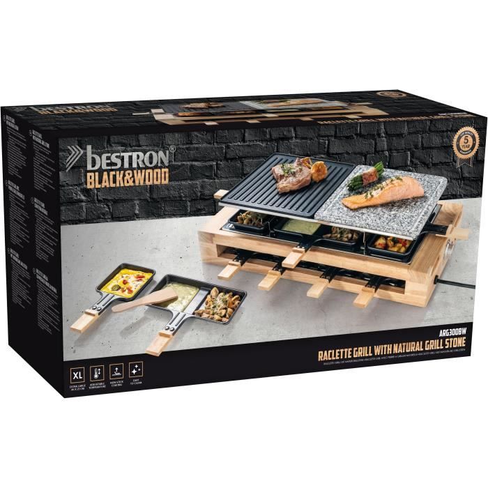 Bestron Appareil a raclette électrique jusqu'a 8 personnes avec pierre naturelle et plaque de grill a revetement antiadhésif, Bois