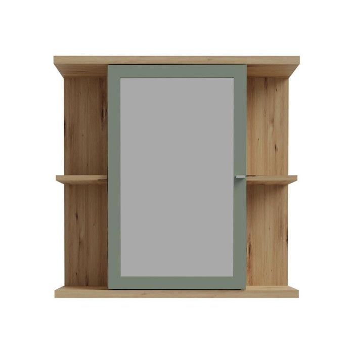Wall cabinet bathroom 1 door with mirror handcrafted oak salvia green 69.9 x 23.2 x 68.8 cm