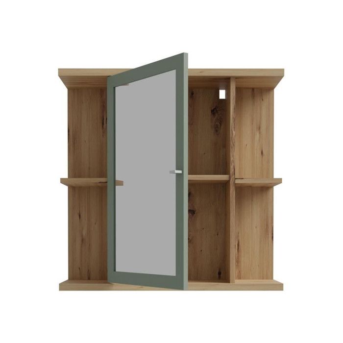 Wall cabinet bathroom 1 door with mirror handcrafted oak salvia green 69.9 x 23.2 x 68.8 cm