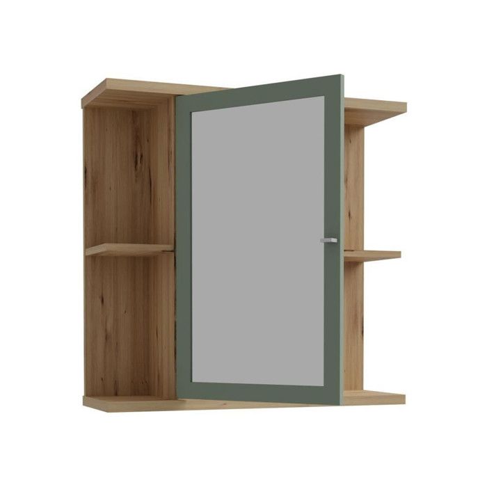 Wall cabinet bathroom 1 door with mirror handcrafted oak salvia green 69.9 x 23.2 x 68.8 cm