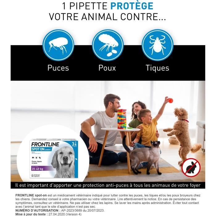 Image secondaire de FRONTLINE 3 Pipettes antiparasitaires SPOT ON Chien - 20-40 kg - Puces, tiques, poux