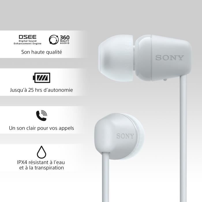 Écouteurs Bluetooth sans fil SONY WI-C100 - Autonomie jusqu'a 25 h -  Blanc