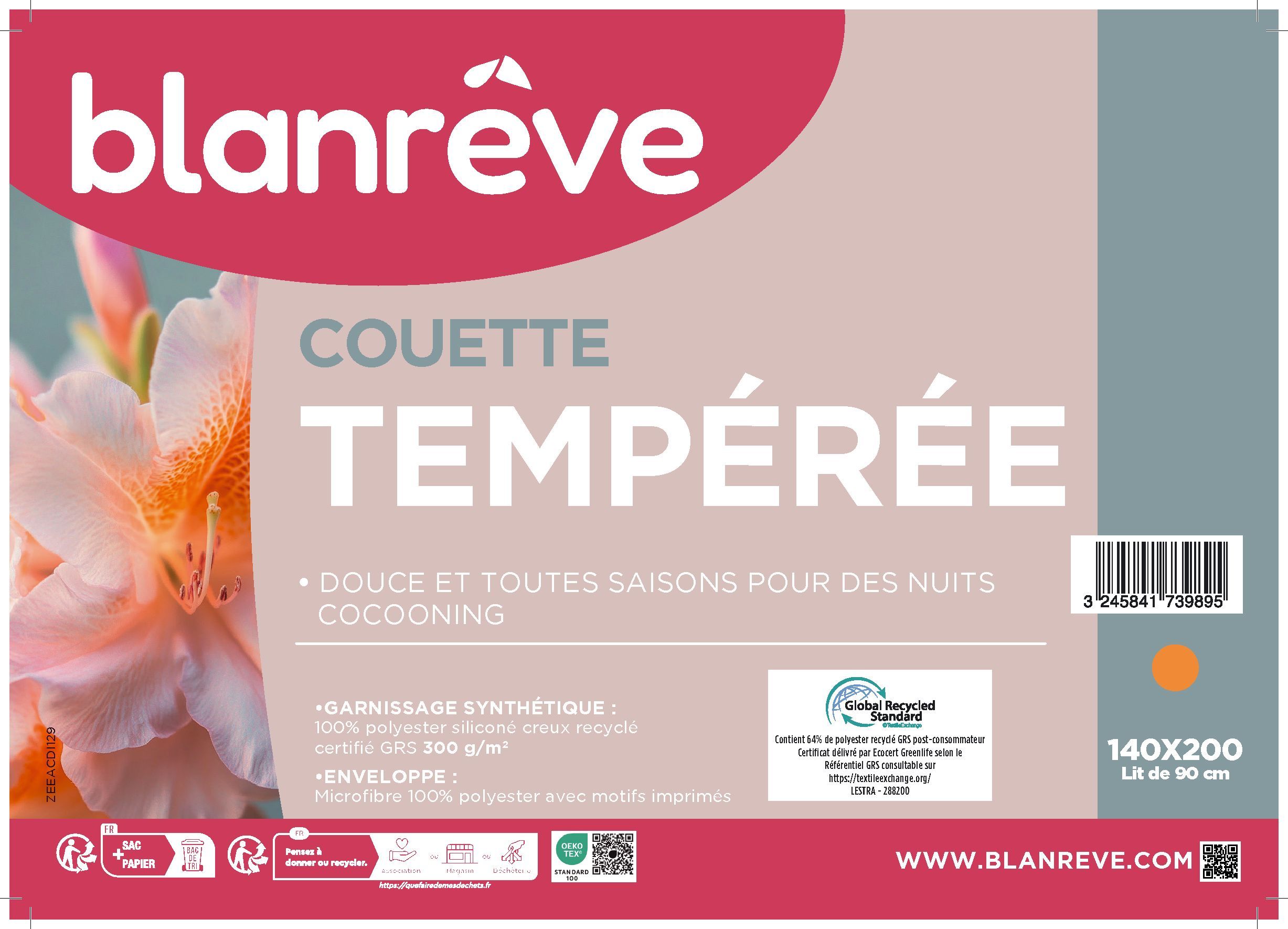 Image secondaire de Couette - 140 x 200 cm - BLANREVE - Tempérée - 83g/m² - Motifs imprimés