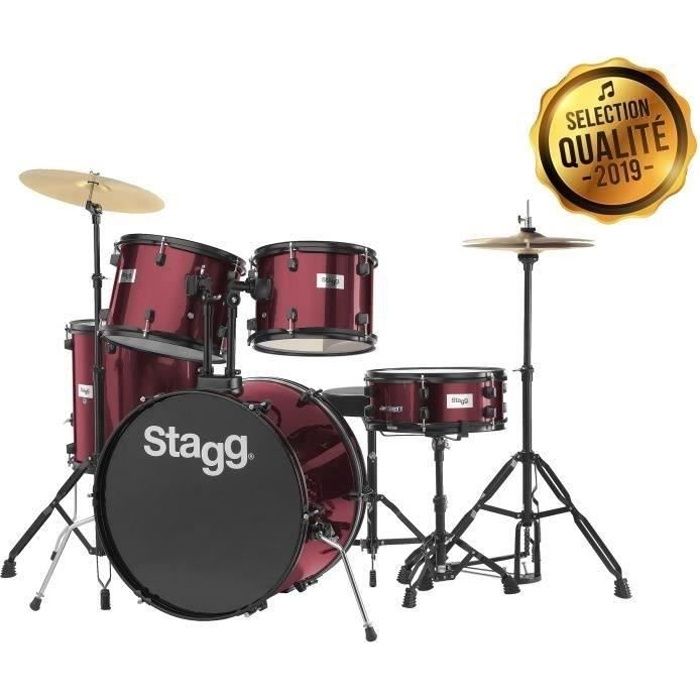 STAGG Kit Complet 5 futs Rouge + cymbales + accessoires