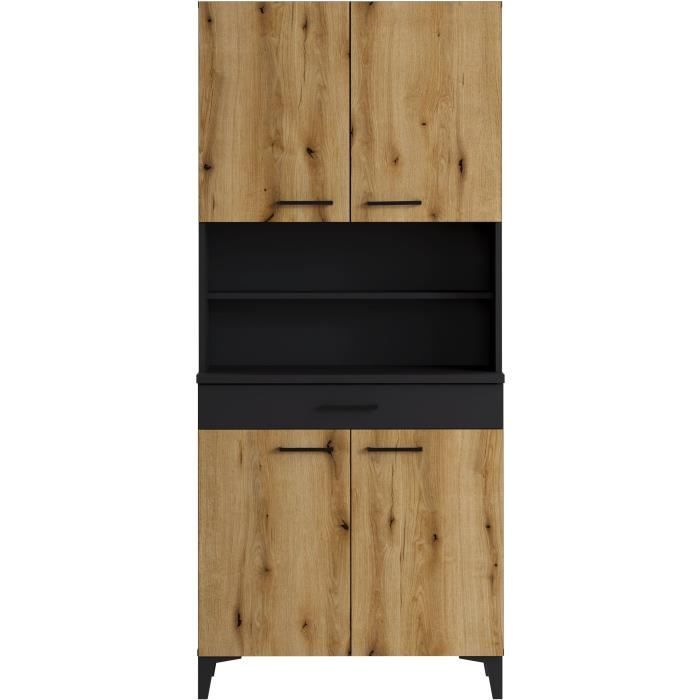 Buffet haut de cuisine SPIRIT - 4 portes et 1 tiroir - Mélamine chene et noir - L 80 x P 43 x H 183 cm