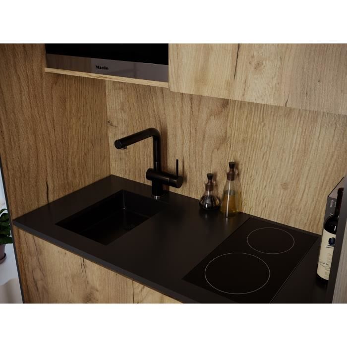 Kitchenette CLEVER 4 portes - Mélaminé chene et noir - Gain de place - L 124 x P 60 x H 230 cm