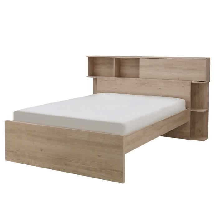 GAMI Calvi Lit adulte + Tete de lit avec rangement 1 Porte - Décor chene - 140x190 cm