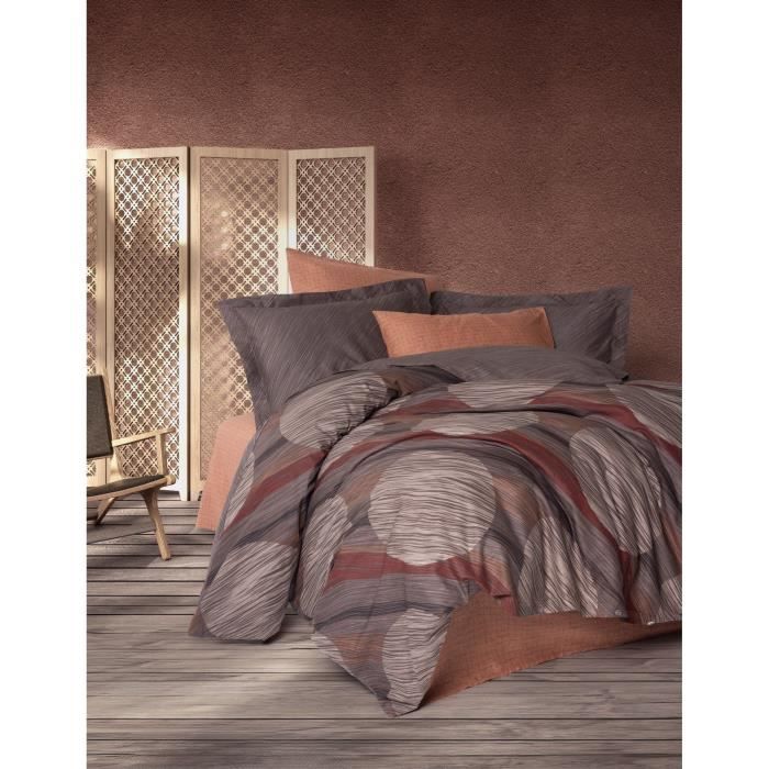 Parure de lit - 1 housse de couette 220 x 240 cm + 2 taies d'oreiller 60 x 60 cm - 100% coton renforcé - Cannelle