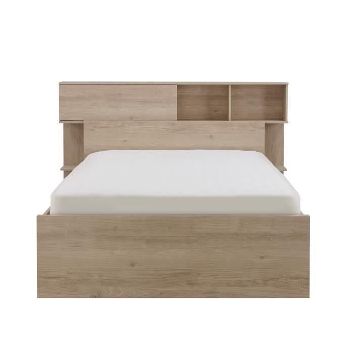 GAMI Calvi Lit adulte + Tete de lit avec rangement 1 Porte - Décor chene - 140x190 cm